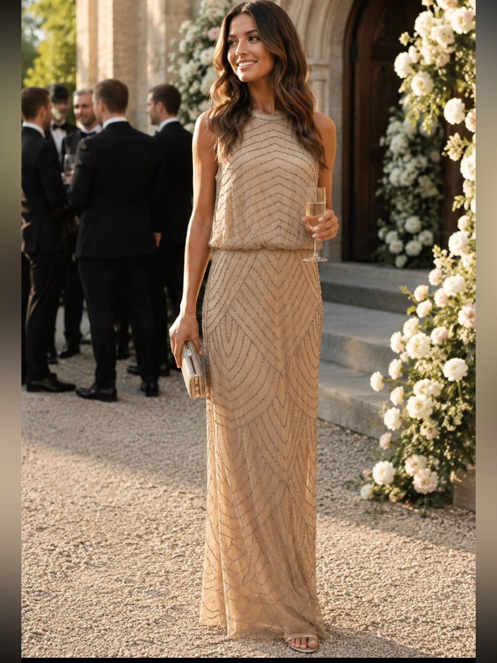 Adrianna Papell Gold Beaded Sleeveless High Neck Formal Maxi Gown Size 4